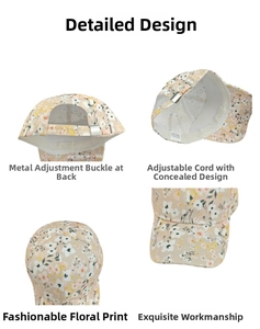 Detail of floral baseball cap showing metal adjustment buckle and inner stitching
