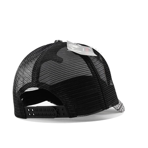 Detail of black trucker hat showing breathable mesh back and adjustable snapback closure