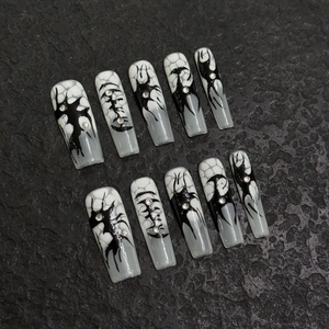 Handmade Press On Nails Long Coffin Gothic Black White Rhinestone Glossy False Nails