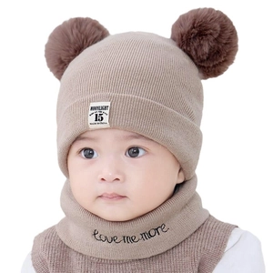 Infant winter knit hat and scarf set in light brown with double pom pom bear ears