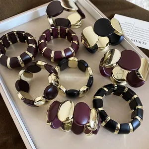 Fashion acrylic oval linked stretch bracelets in burgundy, black and coffee with gold accents