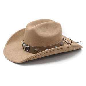 Detail of western cowboy hat with suede texture, bull head ornament, and beaded leather band
