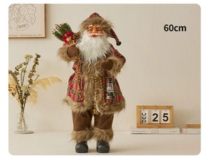 Detailed close-up of a 60cm standing Santa Claus figurine with red plaid coat and lantern