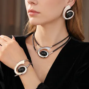 Vintage Oval Spiral Jewelry Alloy Black Resin Stone Double Rope Necklace Earrings With Steel Earring Post Bracelet Women