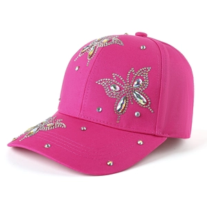 Detail of rhinestone butterfly patterns on a bright rose pink outdoor baseball cap