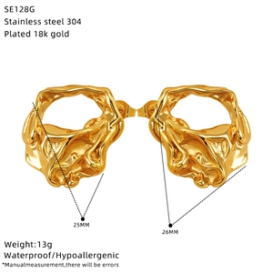 Detail view of gold 18k plated woven texture earrings with dimensions and material specs