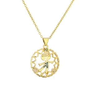 Golden necklace with heart-shaped openwork pendant featuring a dancing boy set in blue stones