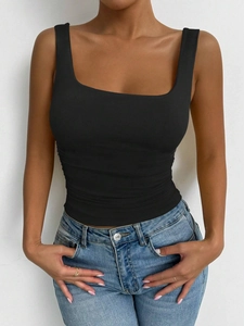 Women's minimalist black square neck slim fit tank top for casual daily styling