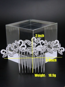 Detailed view of silver bridal hair comb with rhinestones showing 3.3x2 inch dimensions