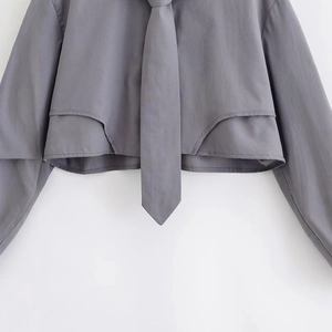 Short grey long-sleeve crop shirt with matching necktie for a modern minimalist look