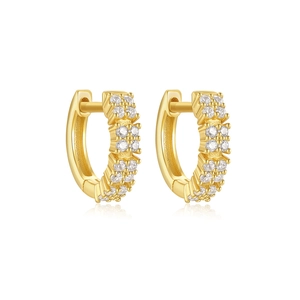 Close-up of gold-plated hoop earrings with double rows of sparkling white zircons