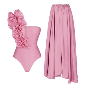 Pink one-shoulder ruffle bodysuit with matching long skirt set for women stylish beachwear