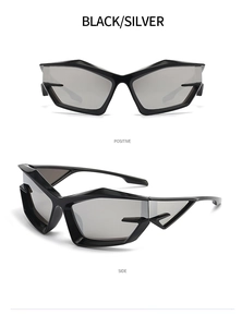 Front and side view of black futuristic Y2K sunglasses with silver lenses on white backdrop