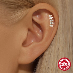 S925 sterling silver moon star cartilage earring with five teardrop zircons worn on ear
