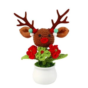 Handmade crochet reindeer potted plant with white ceramic base for Christmas table decor