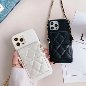 Quilted leather phone case with card holder and gold chain strap for iPhone