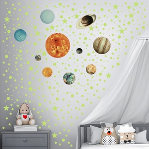 Luminous solar system wall stickers with glowing stars and planets for bedroom decor