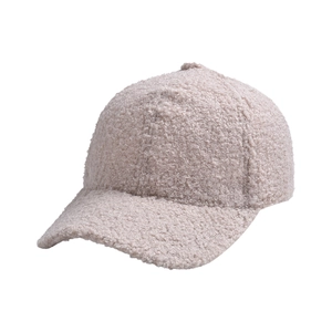 Detailed view of the soft lamb wool texture on this warm beige fleece baseball cap
