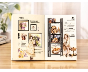 Detail of vintage-style girl stickers featuring retro cameras and floral dresses on a planner