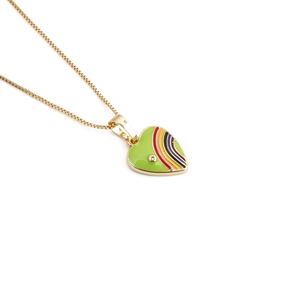 Golden heart necklace with green enamel and rainbow stripes on white background