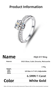 Detailed specification of S925 sterling silver ring with 1 carat moissanite gemstone