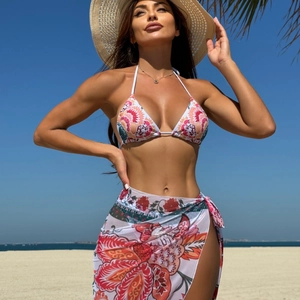 Floral Print Bikini Top Bottom And Sarong Bohemian Beachwear Polyester Swimwear For Women