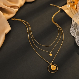 Three-layer 14K gold-plated stainless steel necklace with star and round pendants