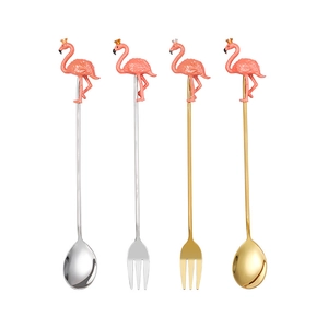 Creative flamingo stainless steel dessert spoons and fruit forks set in gold and silver