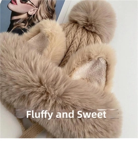 Close-up of soft faux fur texture and cute ear design on a thick winter plush hat