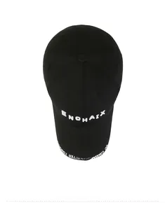 Top-down view of black baseball cap with white embroidered ENCHAIX logo and brim text