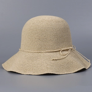 Women Paper Straw Sun Hat Hand Crochet Wide Brim Foldable Breathable Bow Decor Summer Beach Travel Vacation Elegant