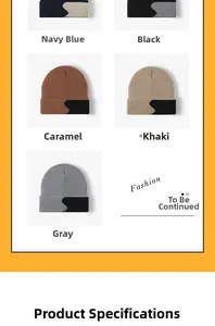 Detail view of winter beanies in navy, black, caramel, khaki and blue-grey colors