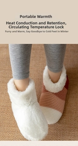 Detail of plush faux fur lining and knitted patchwork pattern on winter floor socks