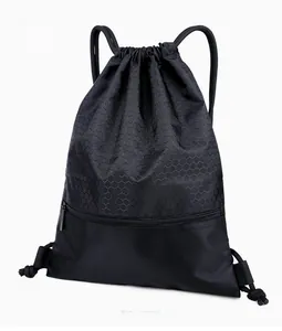Close-up of waterproof nylon drawstring bag featuring honeycomb texture and zipper detail
