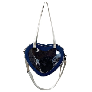 Close-up of heart-shaped navy blue shoulder bag with a transparent front window