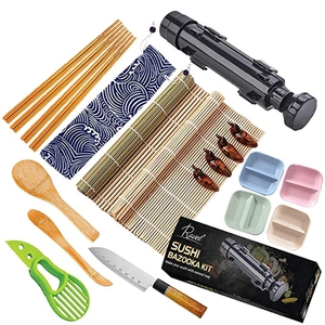Complete 14-piece bamboo sushi making kit with bazooka roller and avocado slicer