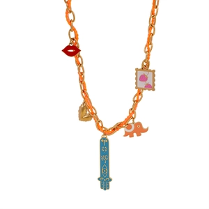 Colorful woven cord necklace with gold charms including Hamsa Hand and Elephant pendants