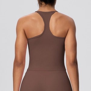 Women's dark brown racerback sports bra with high-stretch fabric for yoga and fitness