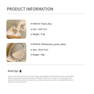 Detailed size and material specs for the diamond and pearl jewelry set necklace and earrings