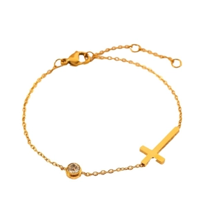 Bracelet croix en acier inoxydable doré avec strass rond et chaîne délicate