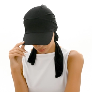 Black sun visor turban hat for women with stylish brim and bow tie design