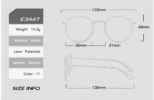 Detailed size chart for E3447 metal oval frames showing weight and full dimensions