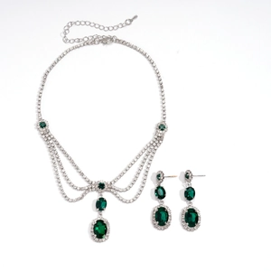 Vintage palace style multilayer necklace set with emerald green stones and silver finish