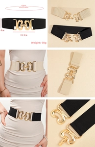 Detail view of 6cm wide elastic waist belt with interlocking gold circle buckle for women
