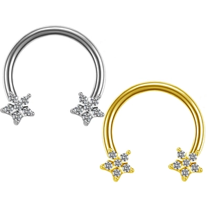 Detail of horseshoe nose rings with silver and gold star-shaped diamond ends