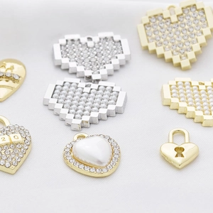 Golden and silver heart padlock pendants with pearls and zircons for DIY jewelry making