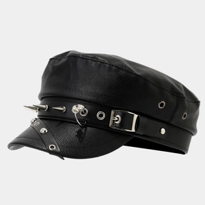 Punk style black faux leather military flat top hat with silver metal spike studs and buckles