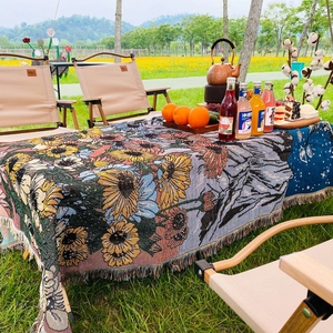 Detailed macro view of woven sun and mountain pattern with fringe on the picnic blanket