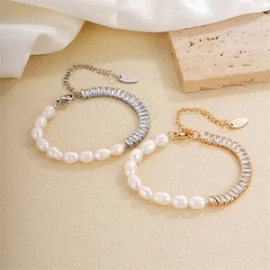 Artificial Pearl Zircon Splicing Bracelet Elegant Baroque Artificial Pearl Rectangular Cubic Zirconia Adjustable Jewelry For Women