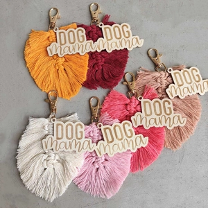 Bohemian Hand Woven Leaf Shape Keychain Cotton Macrame Bag Charm With Dog Mama Engraved Wood Tag For Women Handmade